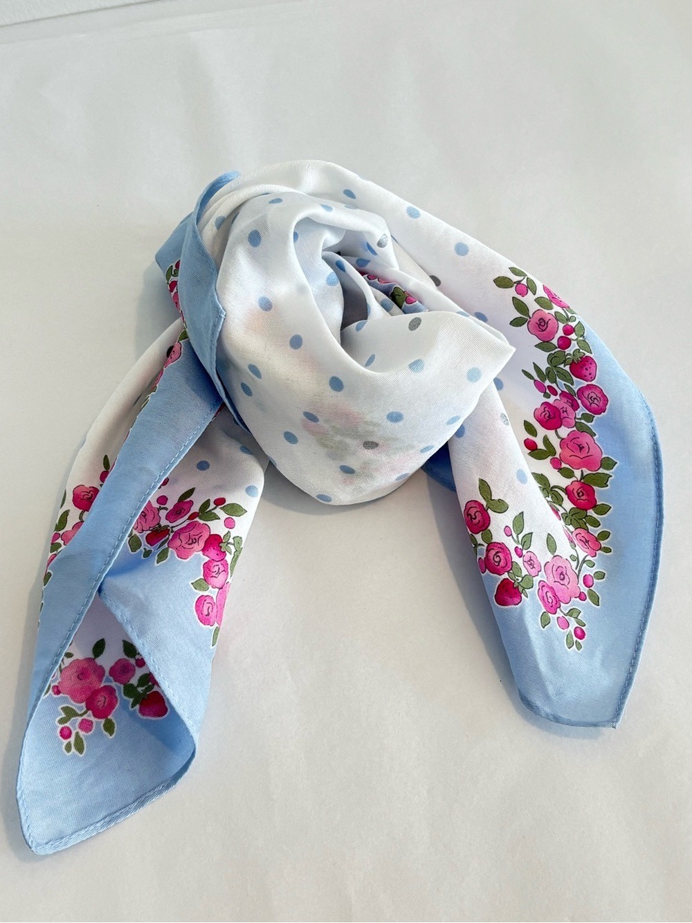 Vintage Private Label Floral Border Polka Dot cotton Scarf Blue pink & white